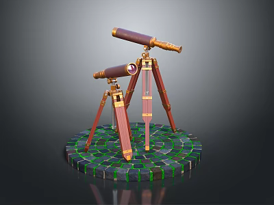 Scenic Landscape View With Vintage Telescopes On Tripods And Colorful Brick Stone Base 3d model