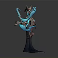 Mythical Female Game Character With Blue Flowing Elements And Ornate Headdress Holding Scroll