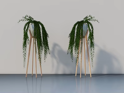 Two Hanging Bonsai Potted Plants on Wooden Tripod Stands with Green Leaves 3d model