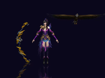 Game Movie Character Wearing Purple and Blue Outfit with Yellow Decorated Bow and Black Eagle 3d model