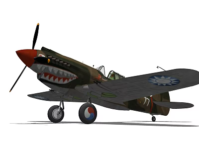 Vintage Fighter Aircraft With Shark Mouth Paint Green Red Nose Propeller And Wing Insignia 3d model