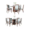 Modern Wooden Dining Table Set With Six Upholstered Chairs And Round Tabletop 3d model