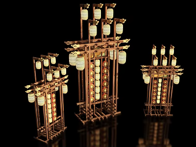 Traditional Chinese Decorative Lantern Structures With Wooden Frames And Hanging Lamps 3d model