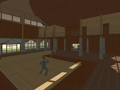 Indoor Gymnasium With Wooden Floor And Upper Level Seating For Fitness Activities 3d model