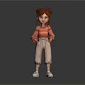 Cartoon Game Movie Character With Red Bun Hairstyle Orange Striped Sweater Beige Pants White Shoes
