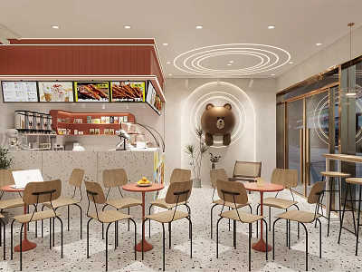Milk Tea Shop Interior Featuring Red Counter Bear Decoration Round Tables And Light Colored Chairs 3d model