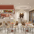 Milk Tea Shop Interior Featuring Red Counter Bear Decoration Round Tables And Light Colored Chairs