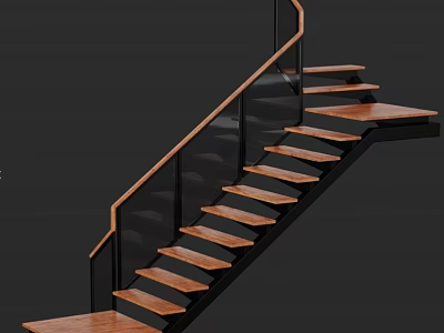 Modern Wooden Staircase With Glass Railing Black Metal Frame And Interior Design 3d model