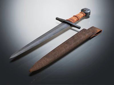 Vintage Dagger With Wooden Handle Sharp Metal Blade And Brown Leather Sheath 3d model