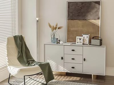 White Leisure Chair With Green Blanket And Sunlight Through Blinds In Modern Living Room Interior 3d model