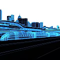 Cartoon Scene with Blue Wireframe City Buildings and High Speed Train on Black Background