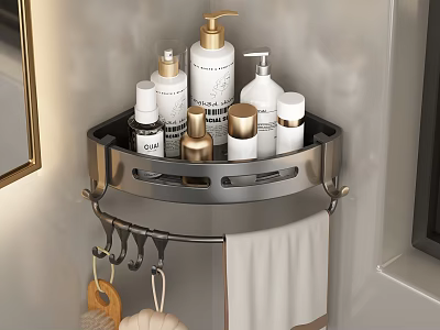 Bathroom Wall Mounted Corner Metal Shelf with Toiletries Hooks and Towel 3d model