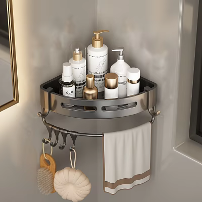 Bathroom Wall Mounted Corner Metal Shelf with Toiletries Hooks and Towel 3d model