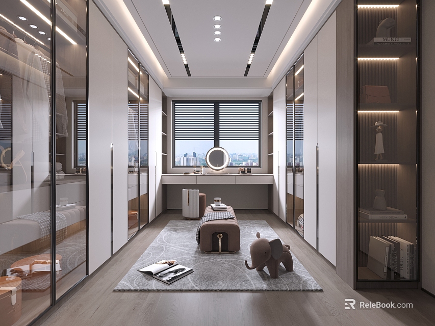 Modern Walk in Closet Interior With Glass Door Cabinets Round Mirror And Dressing Table 3d model 
