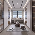Modern Walk in Closet Interior With Glass Door Cabinets Round Mirror And Dressing Table