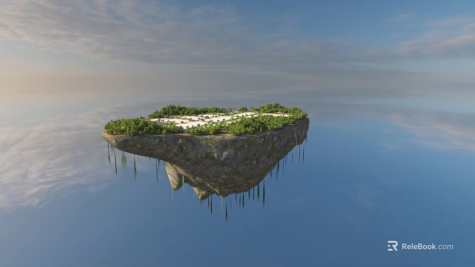 Beautiful Surreal Floating Island Landscape With Lush Green Trees Surrounded By Calm Clear Blue Water 3d model 