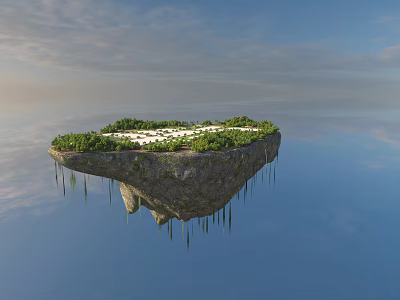 Beautiful Surreal Floating Island Landscape With Lush Green Trees Surrounded By Calm Clear Blue Water 3d model