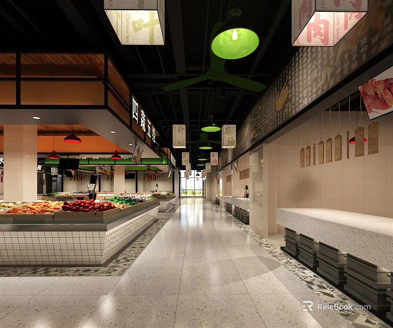 Supermarket Grocery Store with Fresh Fruits Vegetables Display Counters and Bright Lighting Aisles 3d model 