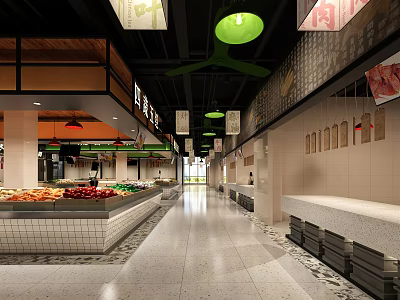 Supermarket Grocery Store with Fresh Fruits Vegetables Display Counters and Bright Lighting Aisles 3d model
