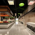 Supermarket Grocery Store with Fresh Fruits Vegetables Display Counters and Bright Lighting Aisles