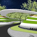 Modern Building Exterior With Curved White Facade Green Lawn Trees And Night Sky