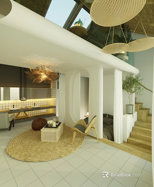 Modern Living Interior With Woven Pendant Lights Rattan Coffee Table Green Plants And Stairs 3d model 