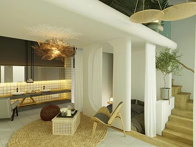 Modern Living Interior With Woven Pendant Lights Rattan Coffee Table Green Plants And Stairs 3d model
