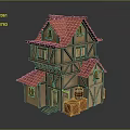 Two Story Traditional Wooden House Exterior with Red Roof and Wooden Barrel Crate