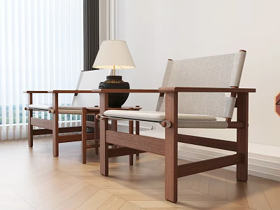 Stylish Accent Chairs With Wooden Frame And Upholstered Seat In Modern Interior 3d model