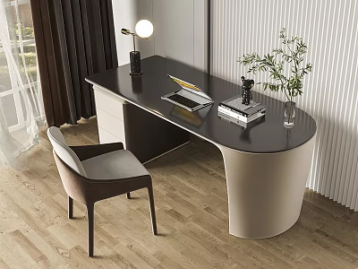 Modern Home Office Desk With Sleek Surface Accent Chair Table Lamp And Green Plant 3d model