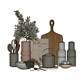 Modern Kitchen Utensils Set with Wooden Cutting Board Ceramic Teapot Bowls Eggs and Dried Plants