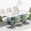 Modern Dining Table Set Rectangular Marble Top Light Beige Green Chairs Metal Legs Vase Tray 3d model