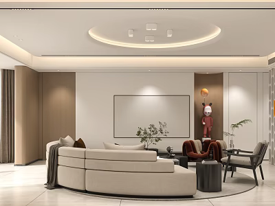 Modern Living and Dining Room Interior With Round Sofa Coffee Table Green Plants And Ceiling Lights 3d model