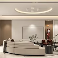 Modern Living and Dining Room Interior With Round Sofa Coffee Table Green Plants And Ceiling Lights