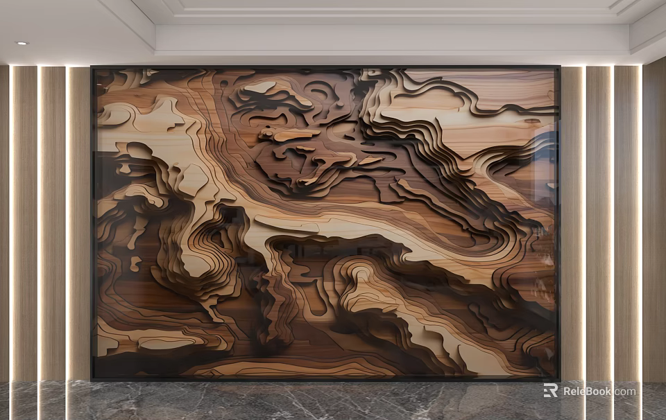 Modern Artistic Wooden Carved Background Wall with Wavy Pattern and Marble Floor Accent 3d model 