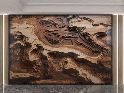 Modern Artistic Wooden Carved Background Wall with Wavy Pattern and Marble Floor Accent 3d model
