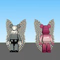 Stylish Bearbrick Figurines With Spiked Wings in Black and Red Against Cloudy Sky