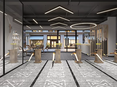 Contemporary Fitness Gym With Glass Partitioned Workout Areas Geometric Lighting And Plant Decorated Rest Zones 3d model