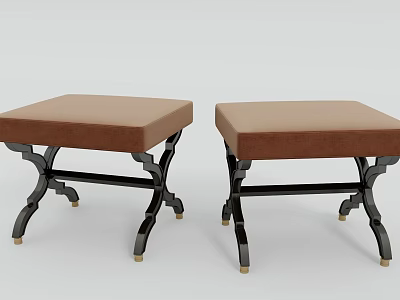 Modern Two Square Brown Upholstered Stools With Black Decorative Legs 3d model
