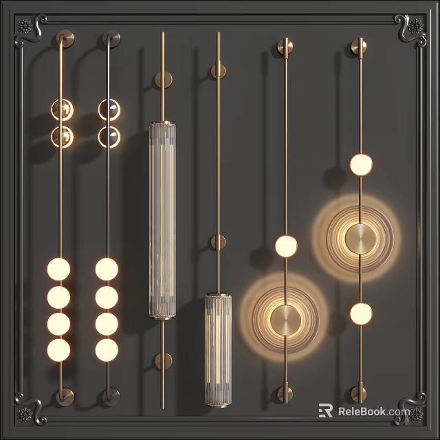 Modern Wall Lamps With Gold Frames Various Shapes And Warm Light For Dark Wall 3d model