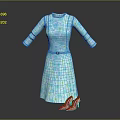 Light Blue Floral Pattern Long Sleeve Dress with Belt and Matching High Heels