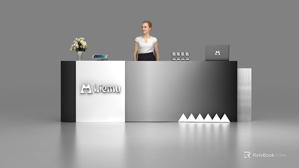 Modern Reception Desk with Female Receptionist Vase Telephone Laptop Liemu Logo and Geometric Design 3d model 