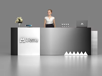 Modern Reception Desk with Female Receptionist Vase Telephone Laptop Liemu Logo and Geometric Design 3d model