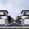 Modern Townhouse Exterior Two Story Design Floor to Ceiling Windows Lush Trees Stone Path