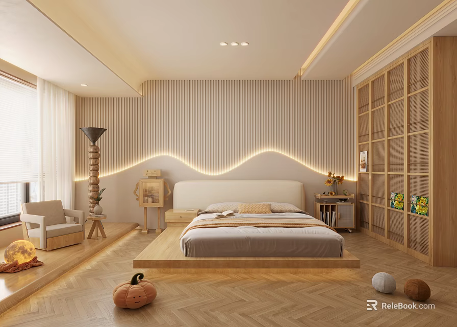Modern Bedroom Interior With Platform Bed Striped Wall Wooden Floor LED Lighting Accent Chair Bookshelf 3d model 