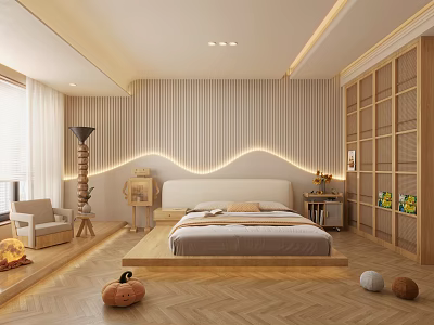 Modern Bedroom Interior With Platform Bed Striped Wall Wooden Floor LED Lighting Accent Chair Bookshelf 3d model
