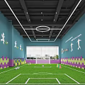 Indoor Football Field With Blue Walls White Sports Silhouettes Hexagon Decorations Green Turf And Goalpost