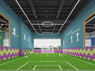 Indoor Football Field With Blue Walls White Sports Silhouettes Hexagon Decorations Green Turf And Goalpost 3d model