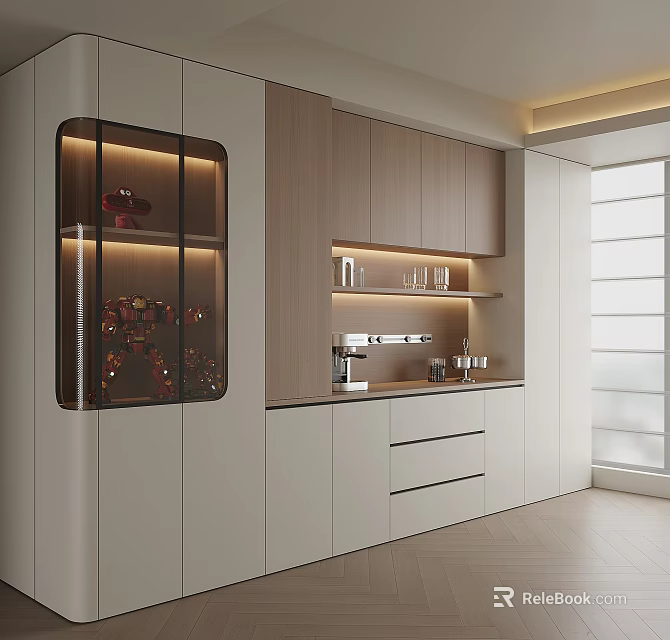 Modern Kitchen Sideboard With Glass Doors LED Lighting And Light Wood Cabinets 3d model 