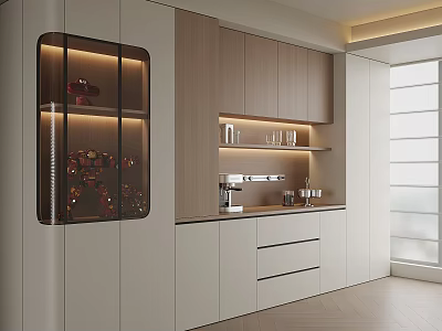 Modern Kitchen Sideboard With Glass Doors LED Lighting And Light Wood Cabinets 3d model